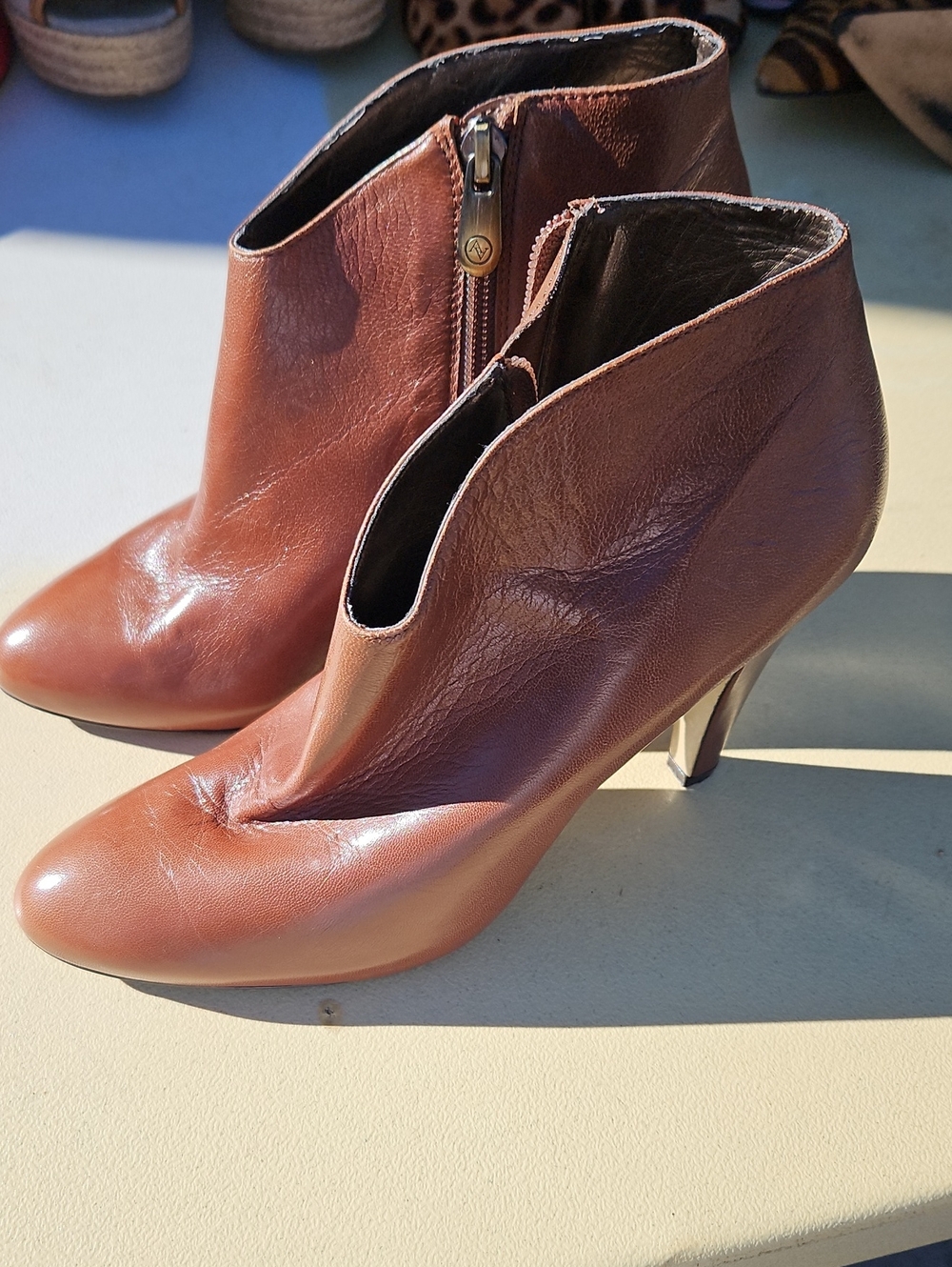Adrienne Vittadini Brown Leather Ankle Booties with Side Zip